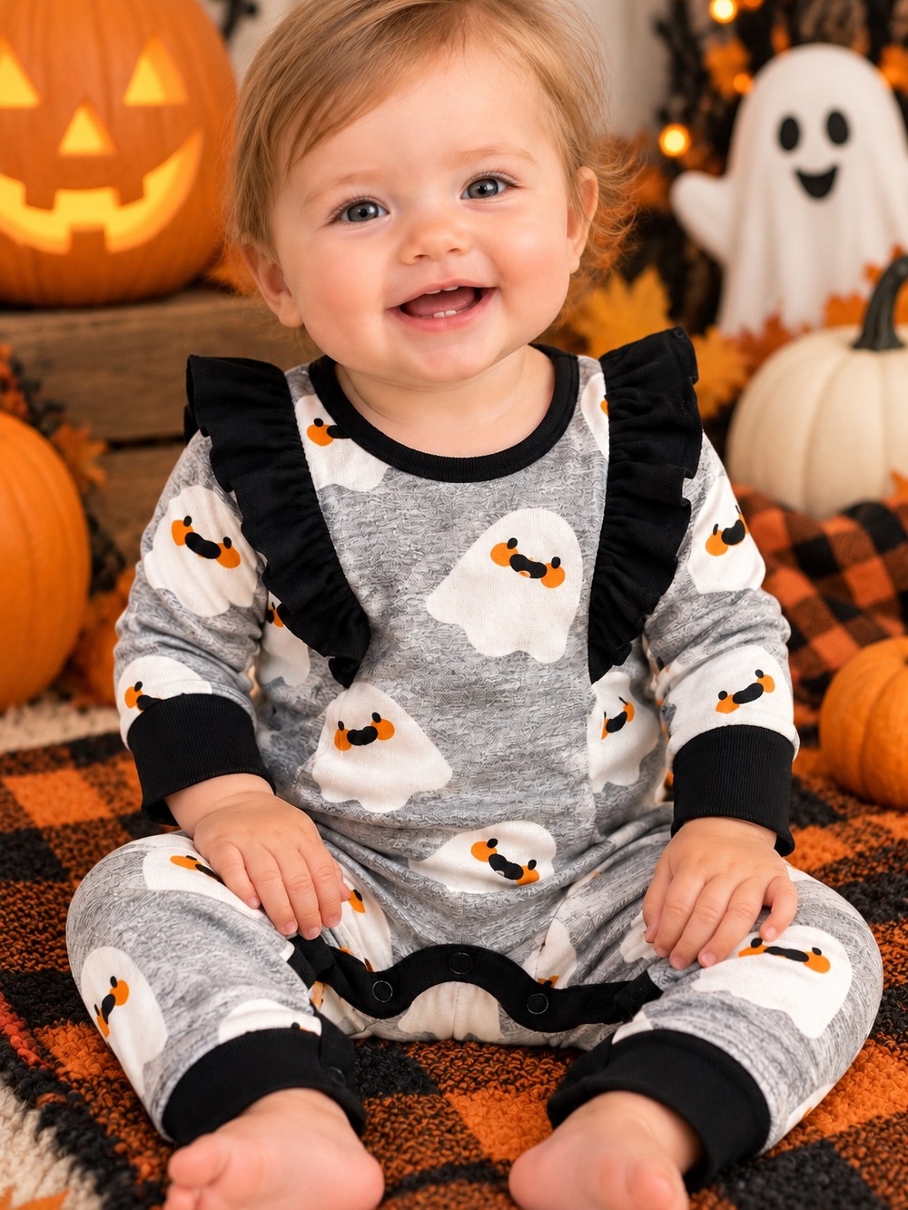 Monica + Andy 9-12M Organic Cotton Ghost Ruffle Halloween Romper